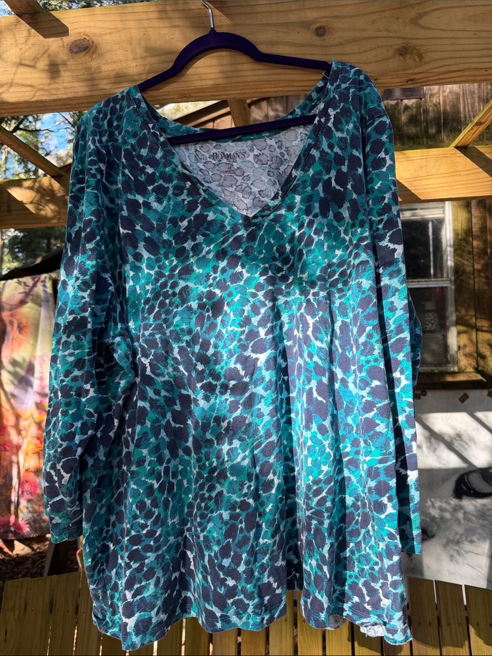 Roaman's Teal and Navy V-Neck Long Sleeve Top